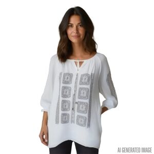 Calvin Klein White & Black Embroidered Boho Sheer Flowy Tunic Size Small NWT